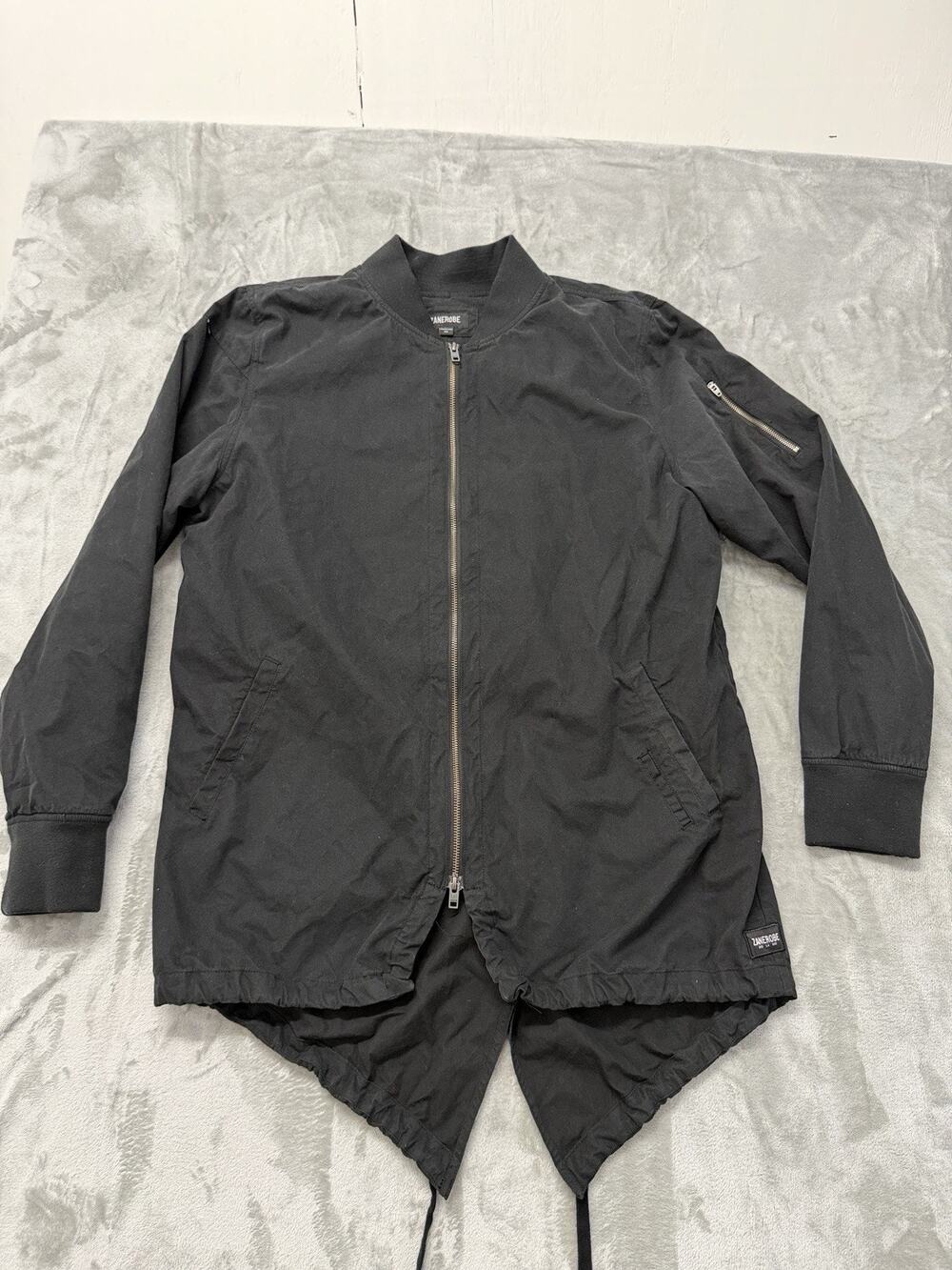 Zanerobe Black Aten Men’s Long Bomber Jacket Drop Tail Drawstring Size XXL 2XL
